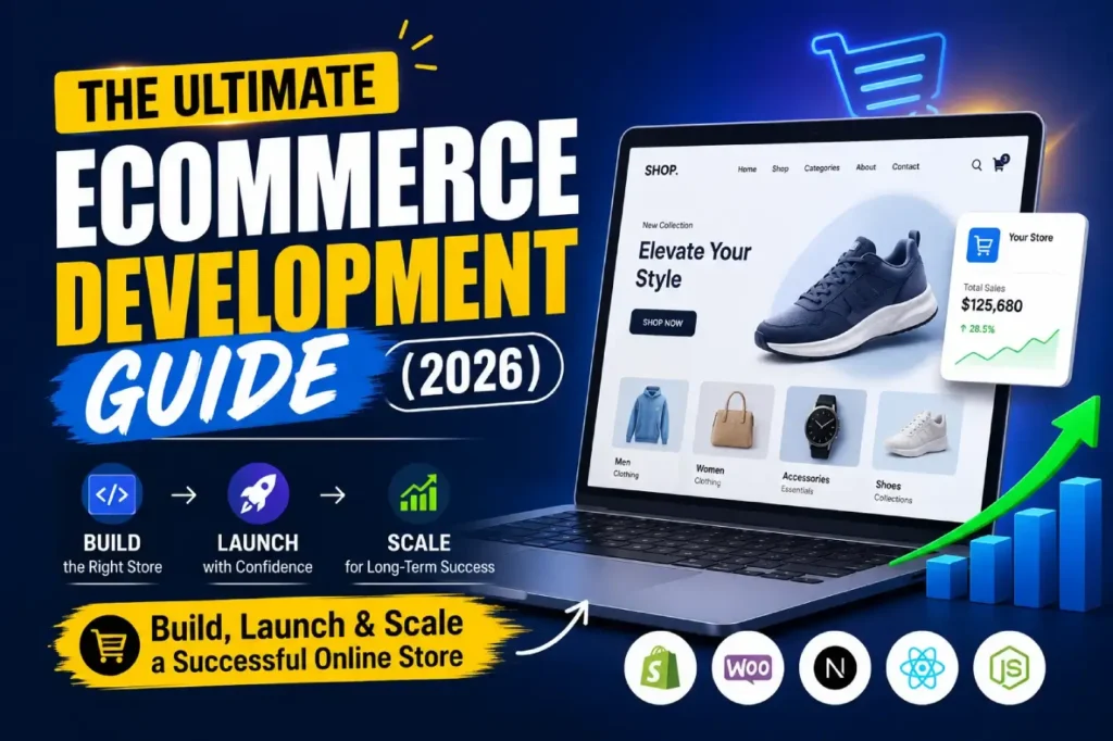 Illustration of an online storefront with ecommerce icons