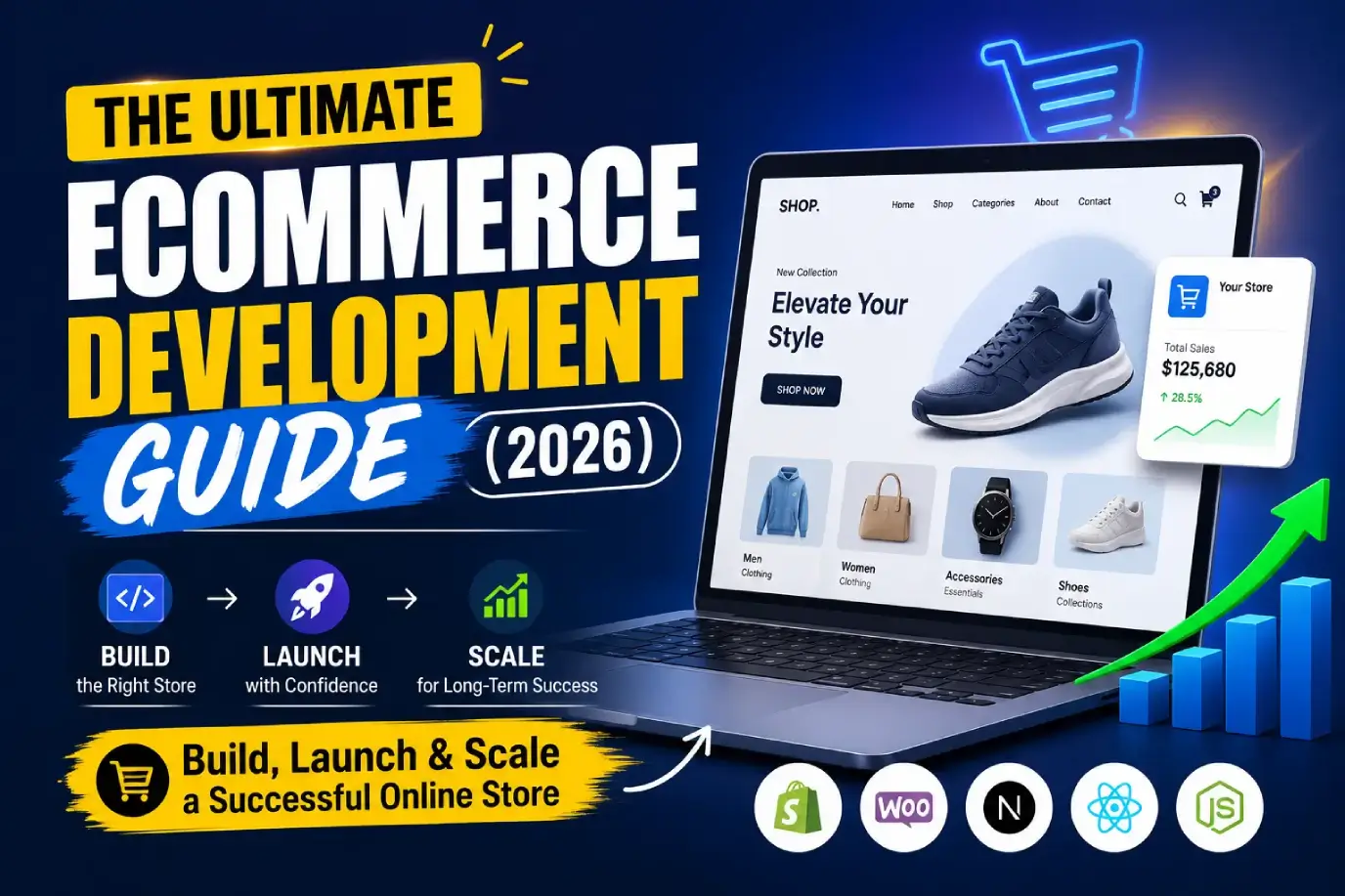 Illustration of an online storefront with ecommerce icons