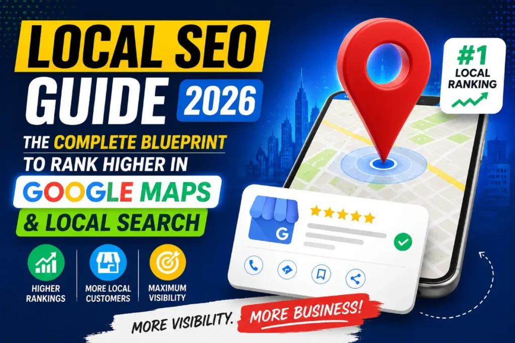 Map illustration showing a highlighted business pin with local ranking signal icons
