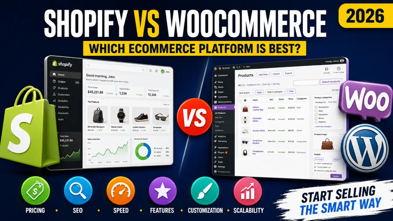 Split-screen comparison of Shopify and WooCommerce dashboards
