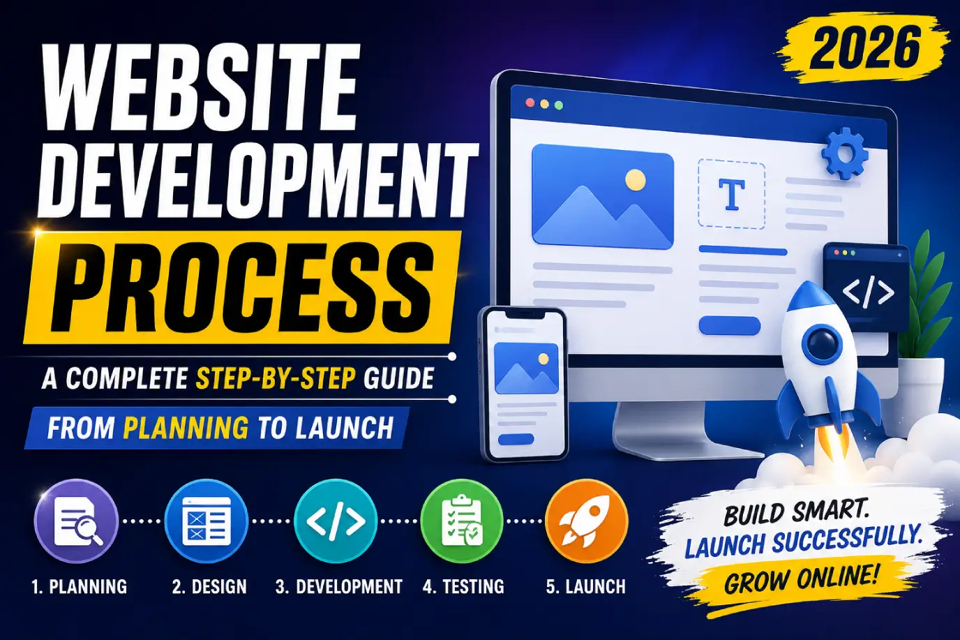 Timeline graphic showing the 14 phases of website development