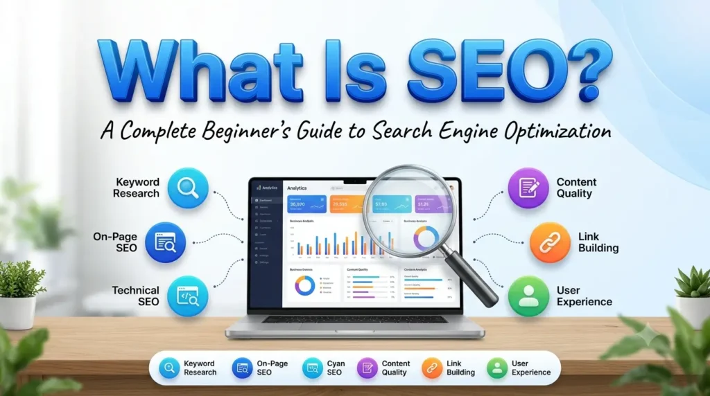 Diagram showing how SEO connects search engines, websites, and users