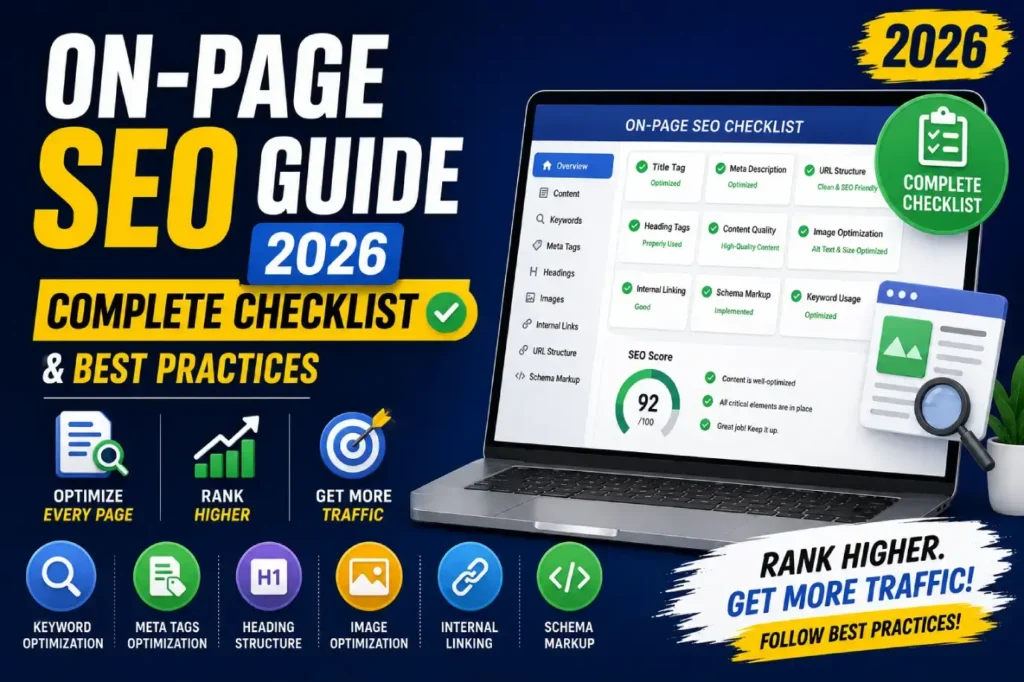 Annotated webpage mockup showing title tag, H1, body content, and internal links