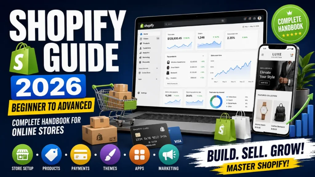 Shopify storefront mockup showing product page, cart, and checkout