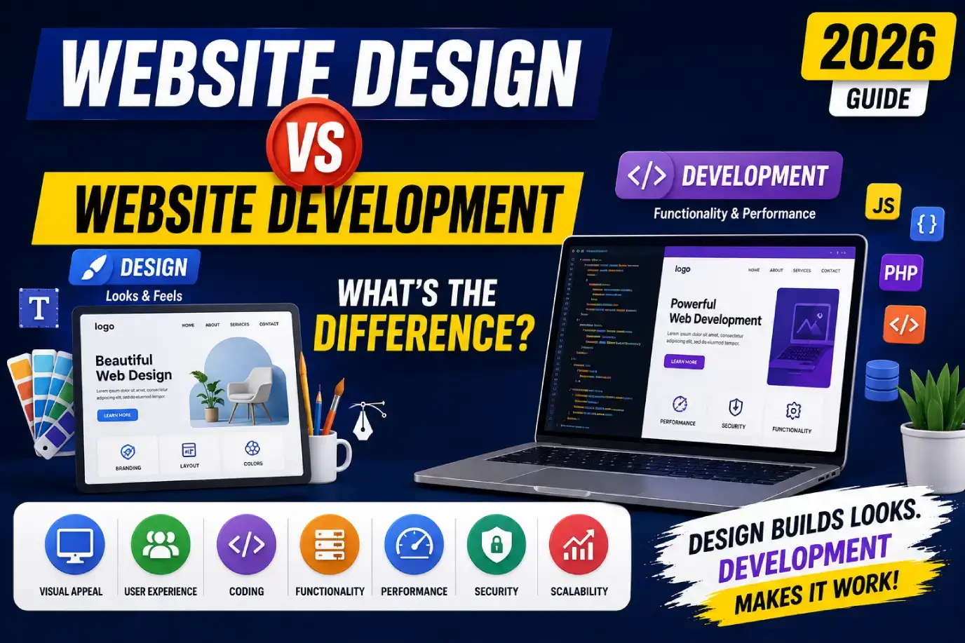 Split visual showing a wireframe on the left and a code editor on the right